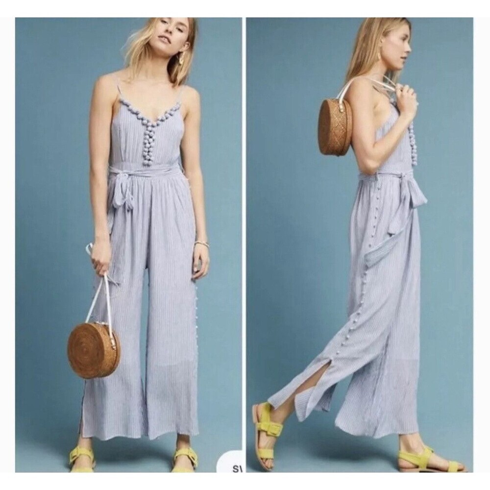 Anthropologie Maeve Jumpsuit Size 4 Blue Maritime Pom Pom White Stripe Crinkled